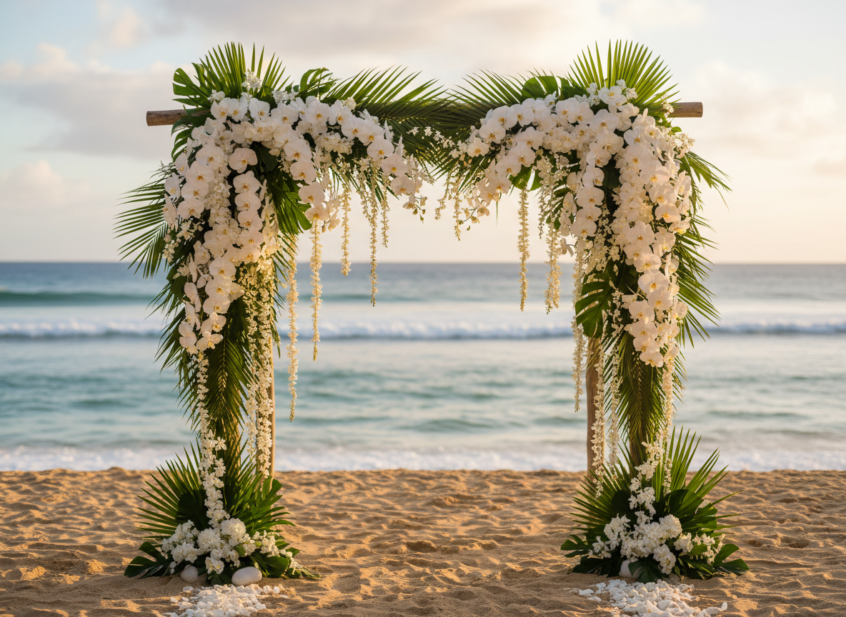 Beach wedding arch of white orchids